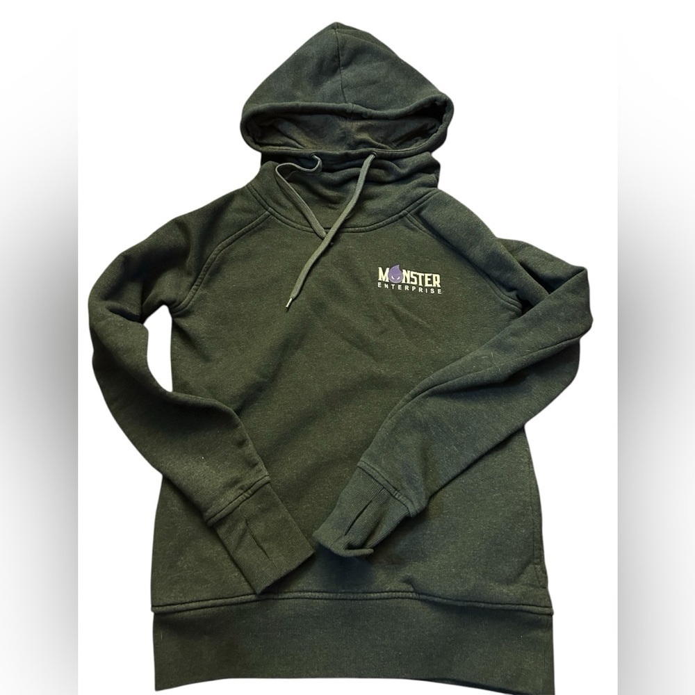 Monster Enterprises black hoodie with a cowl neck size small graphic